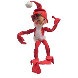 Annalee Mobilitee Christmas Elf Vintage 1957 Red Felt Poseable Doll 9 Inch Decor